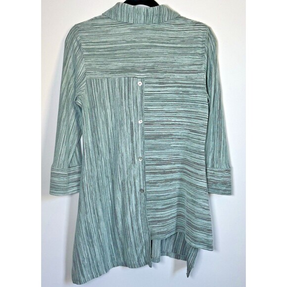 Michael Tyler Womens Small Green Striped Button Front Blouse Asymmetrical Hem - Picture 4 of 14
